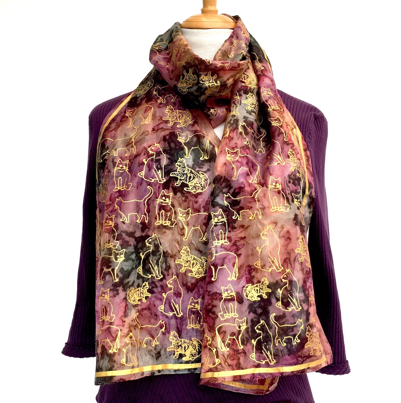 Hand-painted-silk-scarf-with-gold-cats-on-autumn-coloured-background