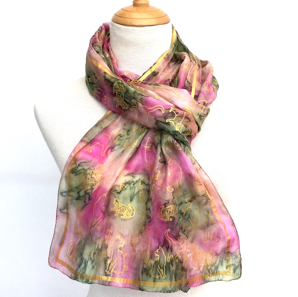 Gold-printed-cats-on-long-silk-scarf