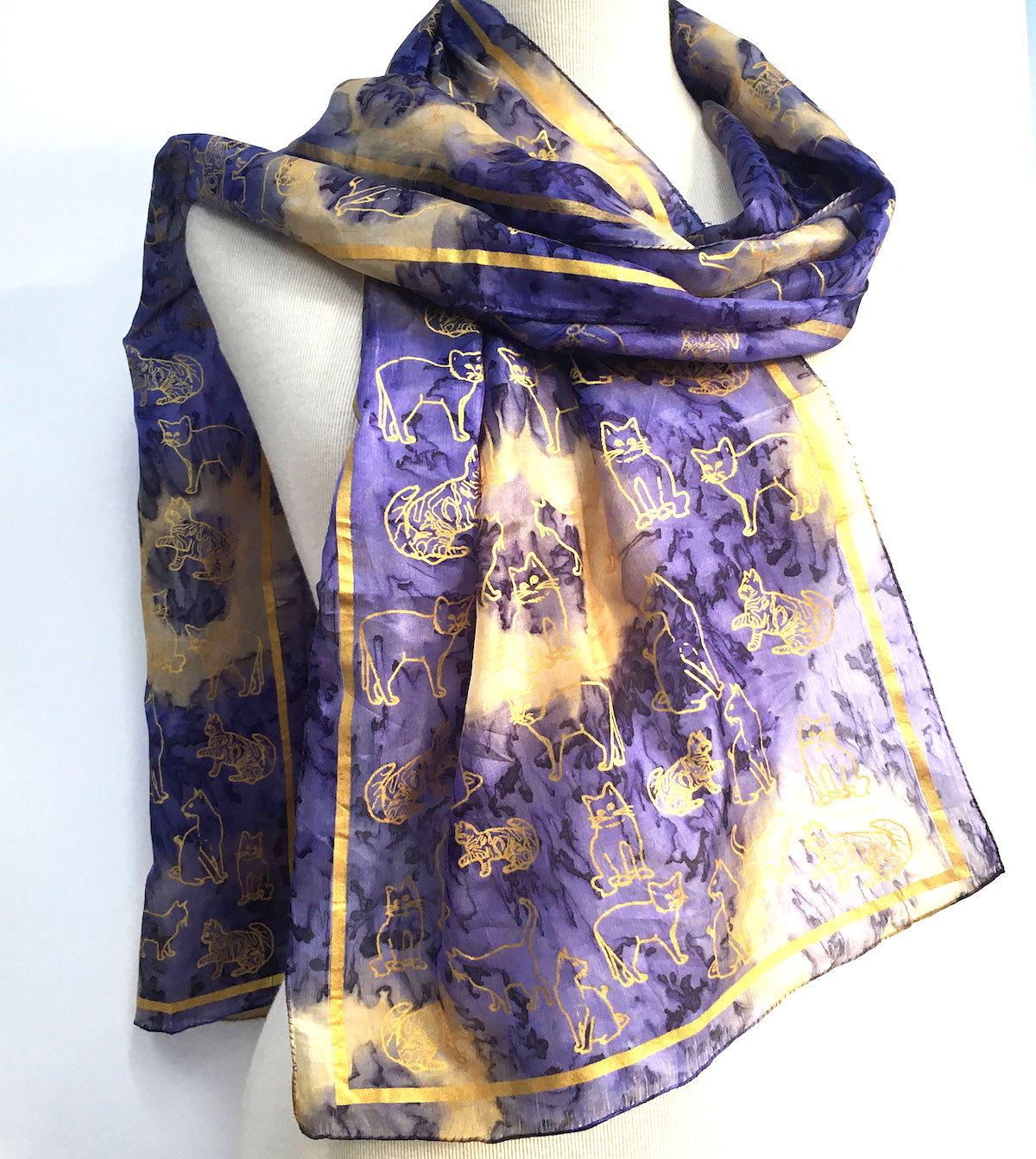 Gold-cats-screen-printed-on-purple-silk