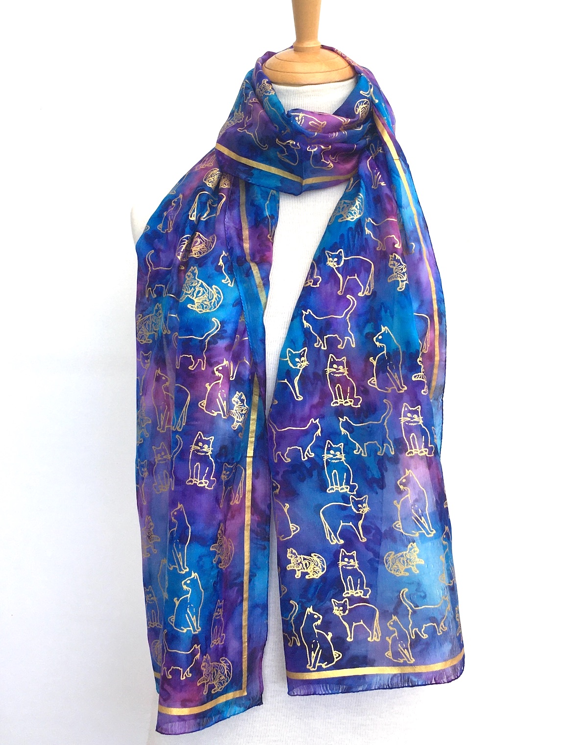 Hand-painted light weight silk scarves with cat design in gold - Image 9